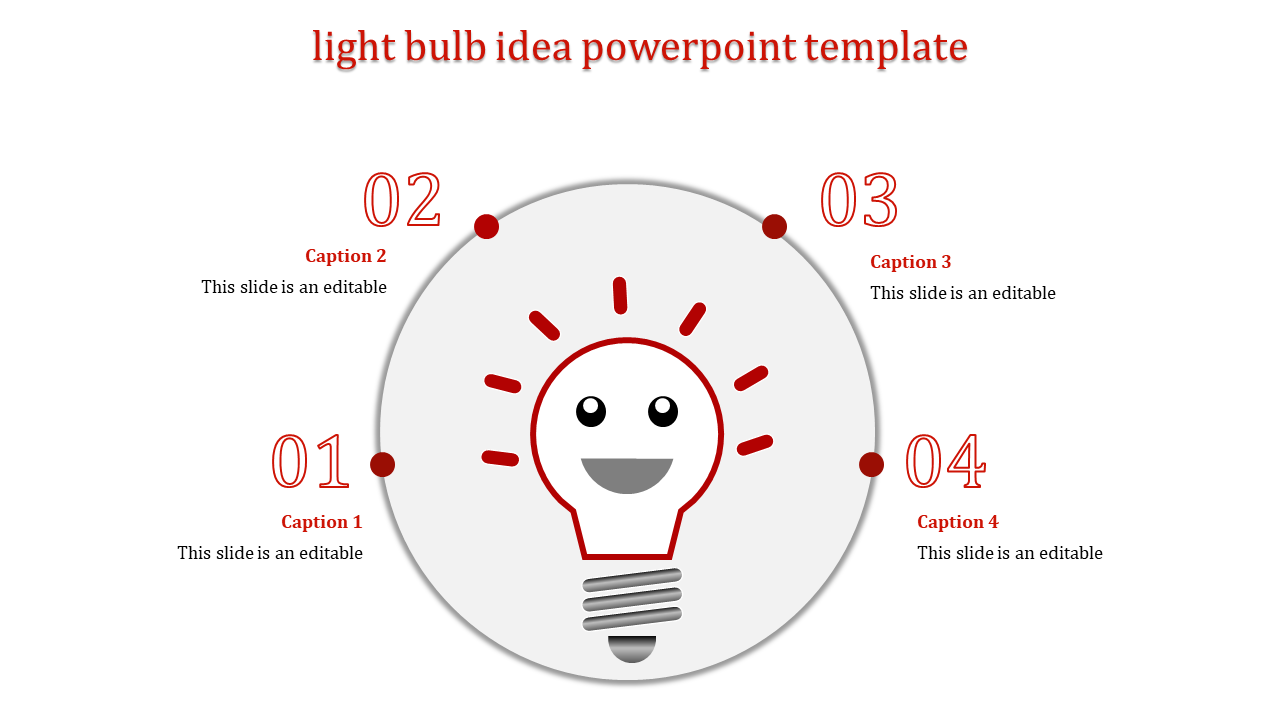 Circular infographic design with a red smiling light bulb in the center and four numbered captions around the circle.