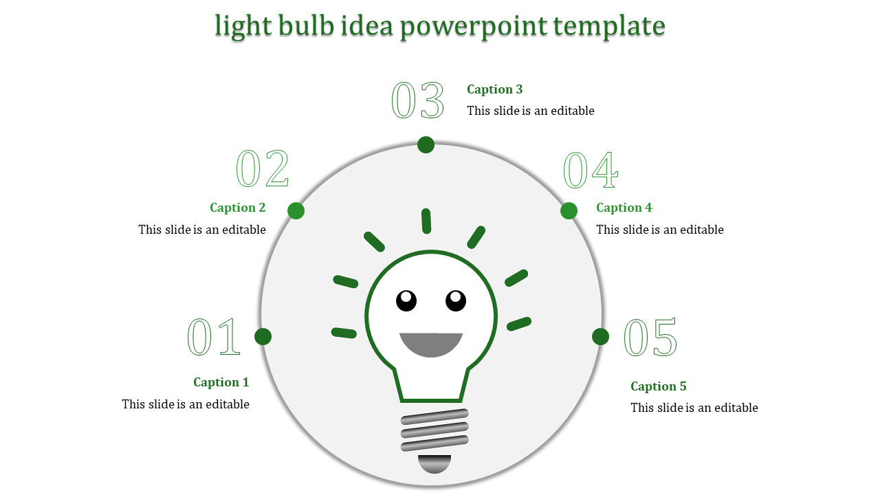 PowerPoint slide with a smiling light bulb icon in the center, surrounded by five numbered captions.