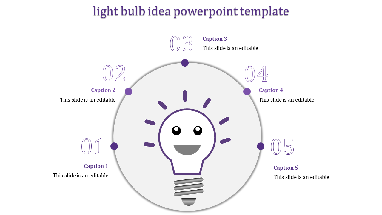 Light bulb themed infographic featuring a happy face illustration in the center and five purple caption areas.