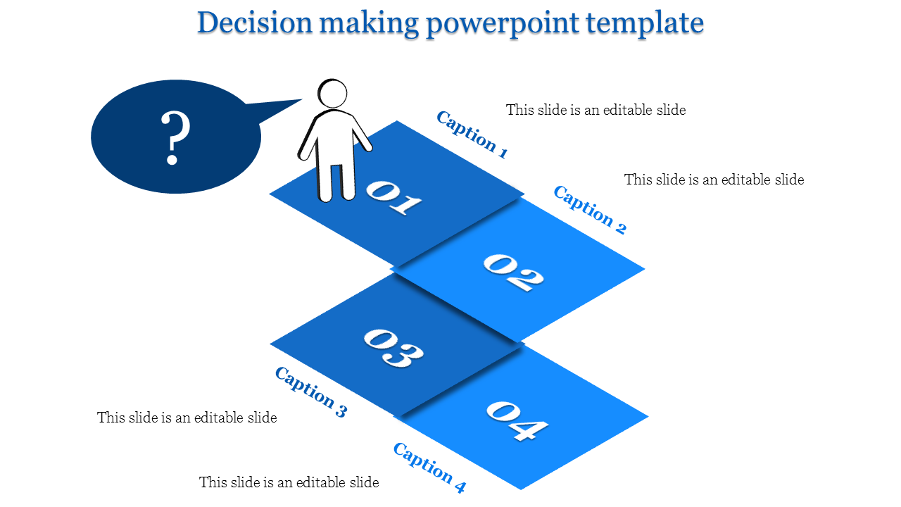 Isometric decision making infographic with four blue steps and a stick figure standing on the first step.