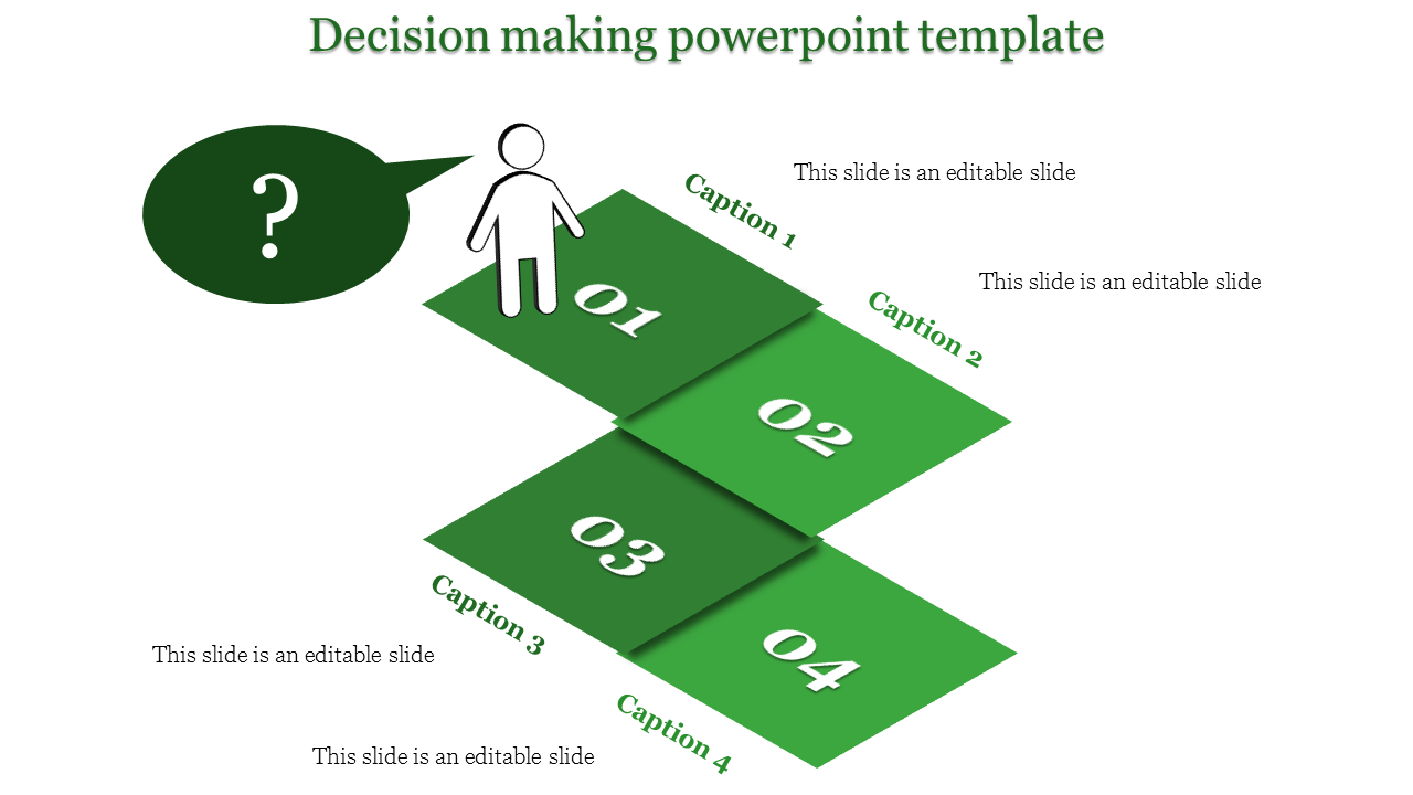 Green decision making PowerPoint template with four steps displayed on stacked squares and a figure next to a question mark.