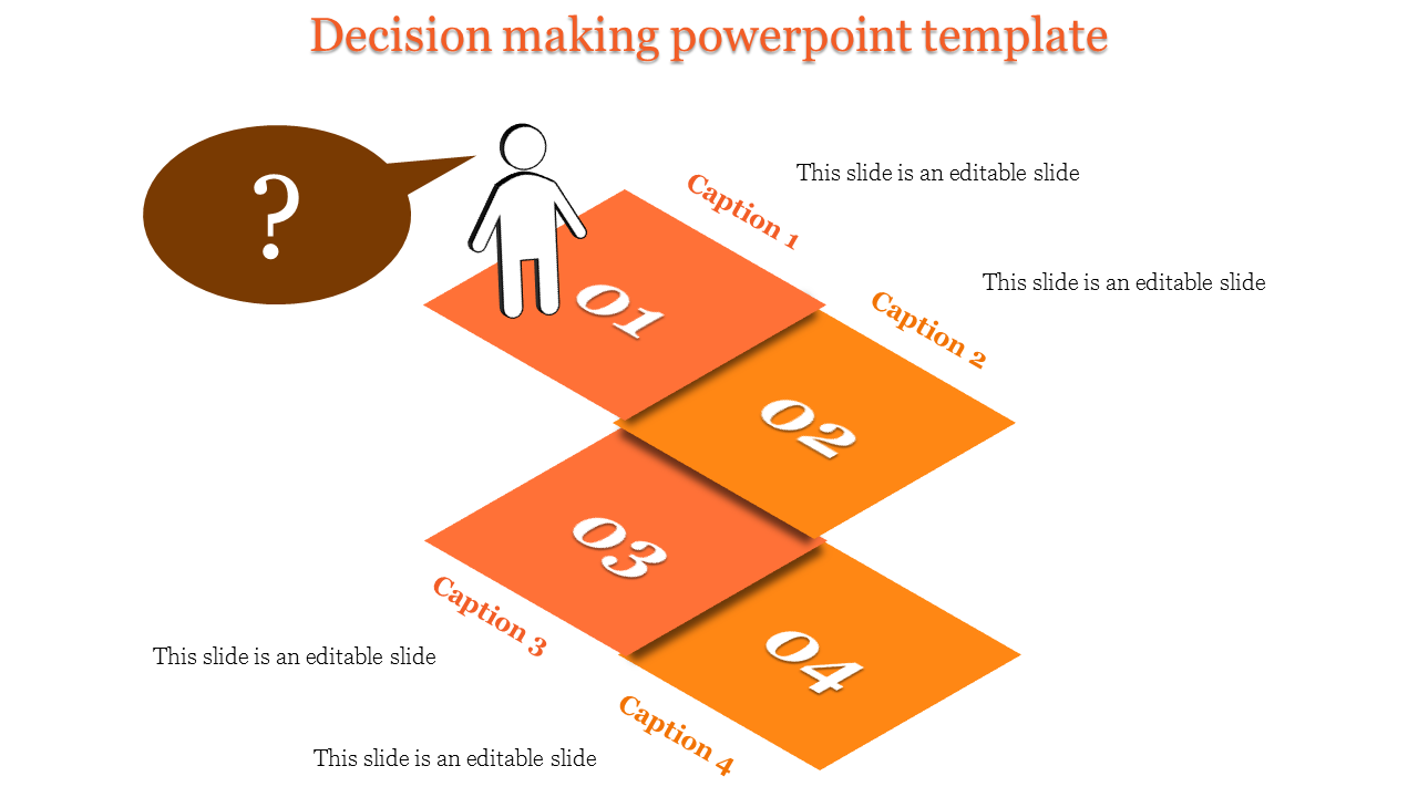 Orange decision making slide with four numbered tiles arranged diagonally and a white figure with a brown question bubble.