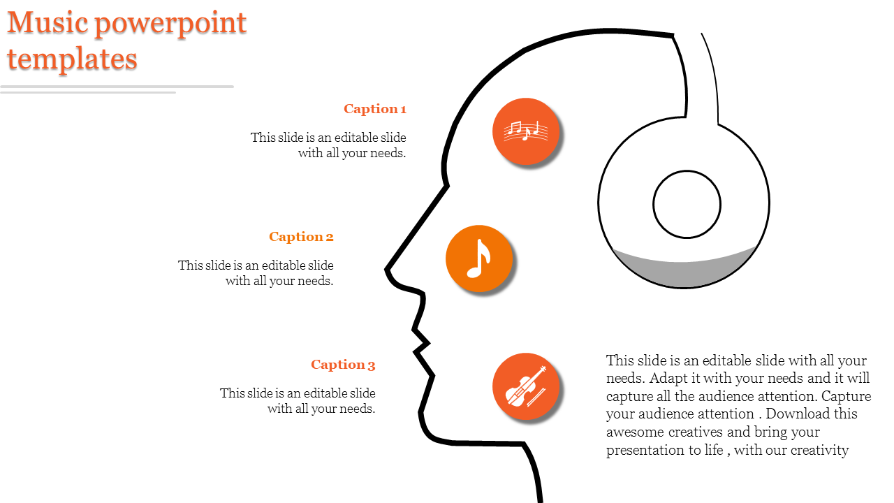 Outline of a human head wearing headphones, with three orange music related icons and captions placed along the profile.