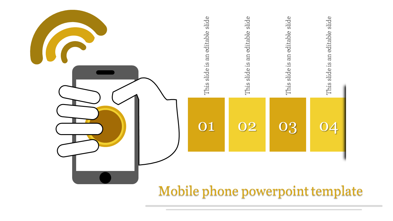Modern mobile interface template with a digital hand pressing a golden circle, four numbered yellow progress bars.