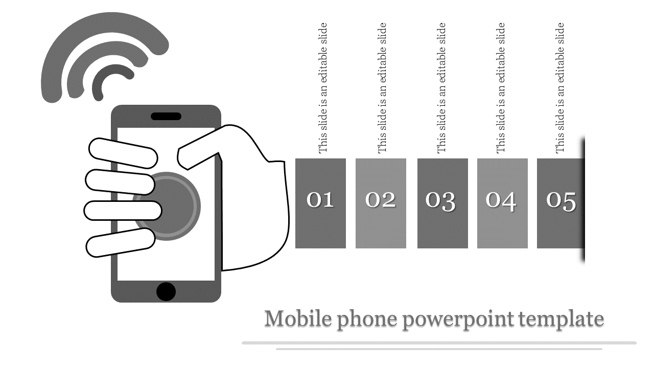 Mobile phone infographic with a hand tapping a gray button on the screen, Wi-Fi signal icon above, and five gray blocks.