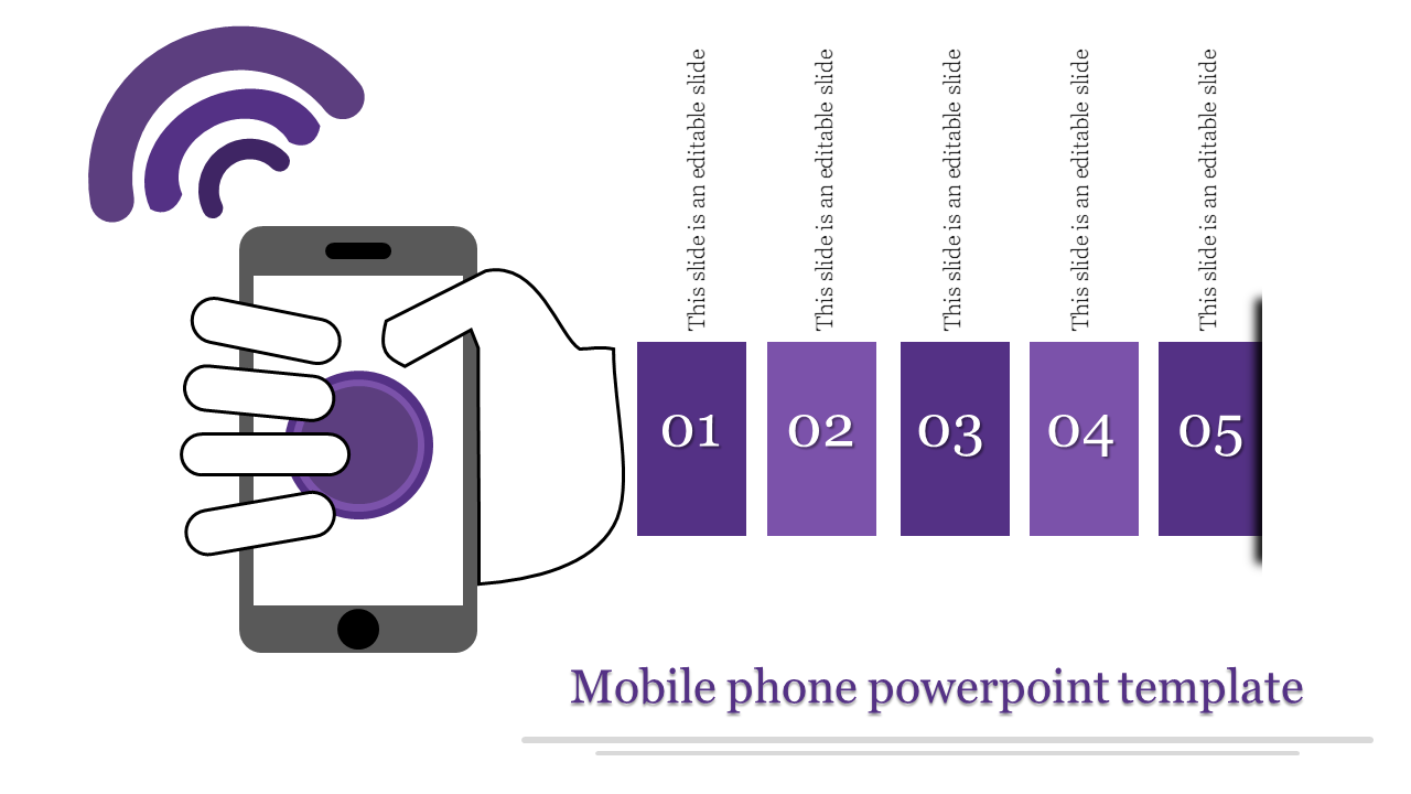 Mobile phone PowerPoint template with a hand interacting with the screen, purple signal icon, and five steps.