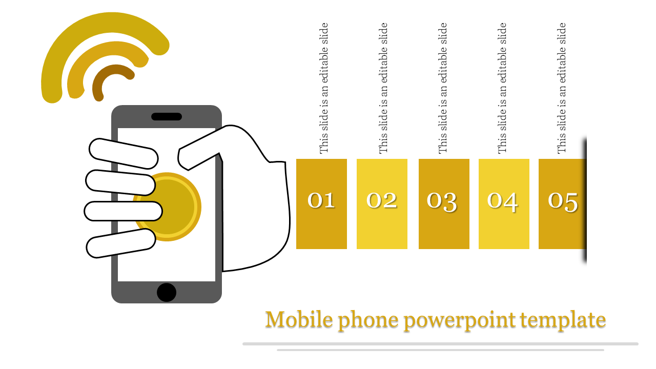 Mobile phone PowerPoint template with numbered steps, showcasing phone with signal icon and multiple sections.