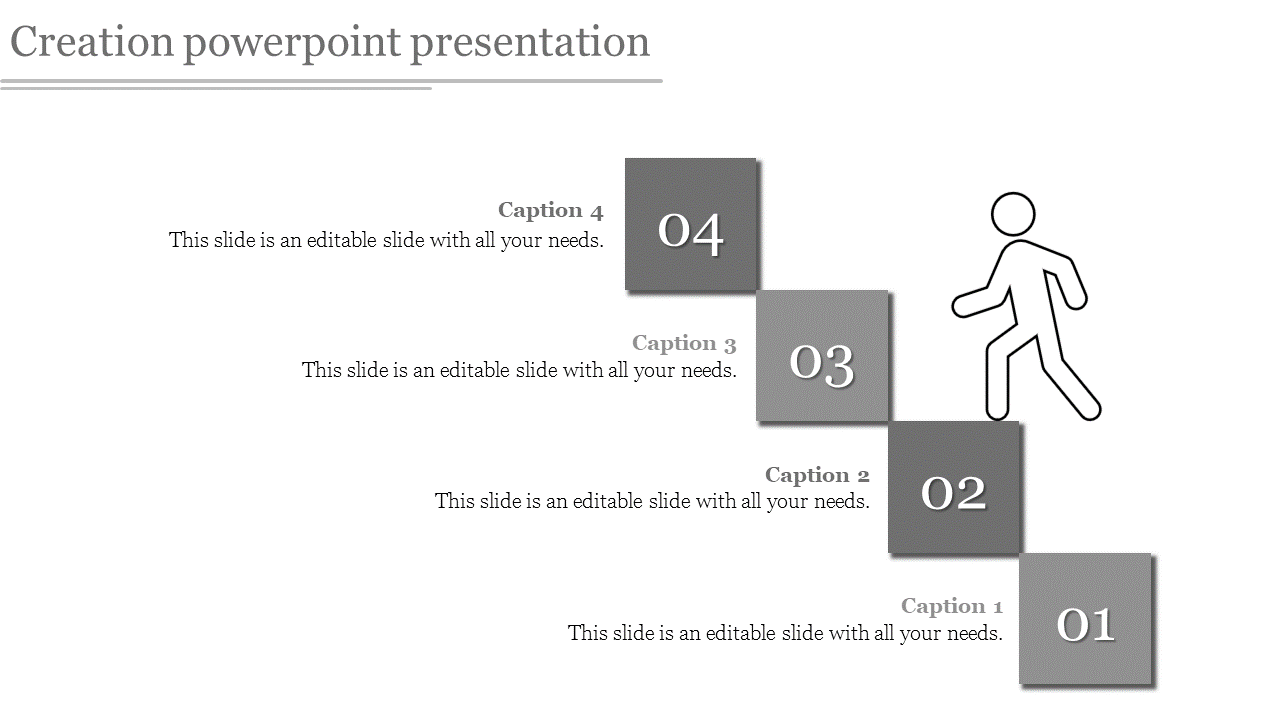 PowerPoint slide with gray caption blocks labeled 01 to 04 and a walking figure on numbered steps.