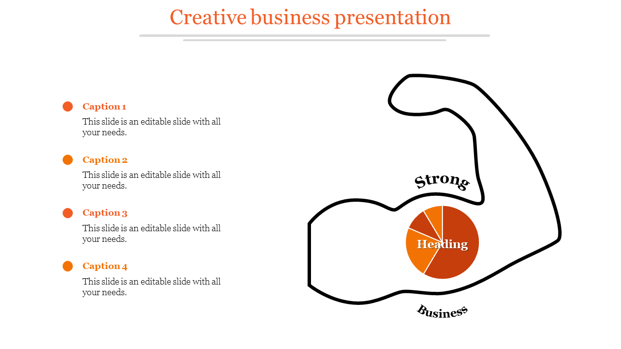 Outline of a flexing arm with an orange pie chart inside, with a label and four captions listed on the left.