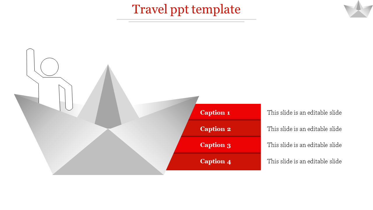 Gray paper boat with a figure waving, paired with four red captions on the right side for travel themed content.