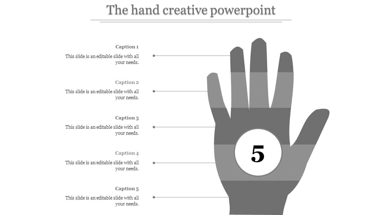 PowerPoint slide with a creative hand graphic divided into five sections, each labeled with captions.