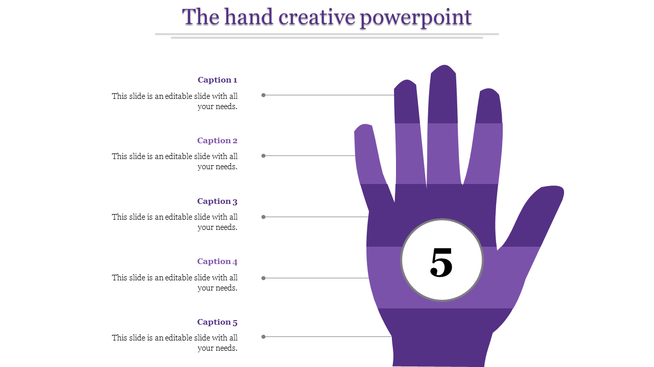 Business slide with a stylized hand illustration, five labeled sections, and a central circle displaying the number 5.