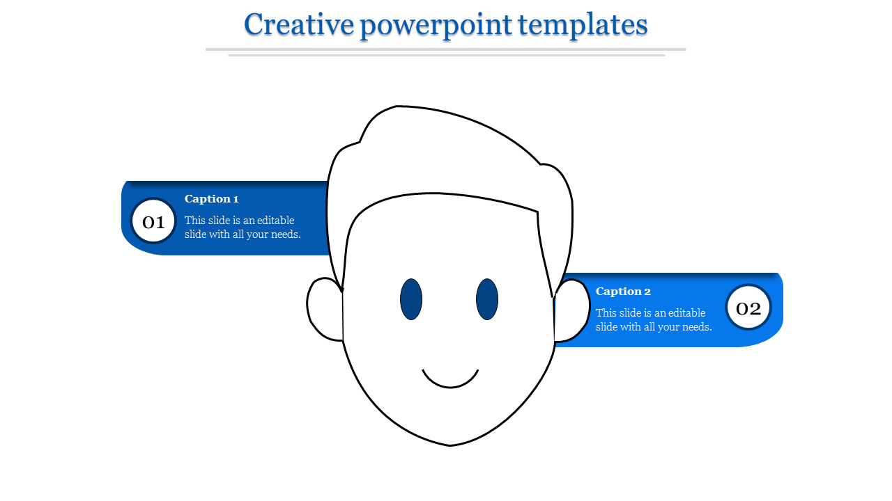 Creative PowerPoint slide with a character illustration and blue caption boxes.