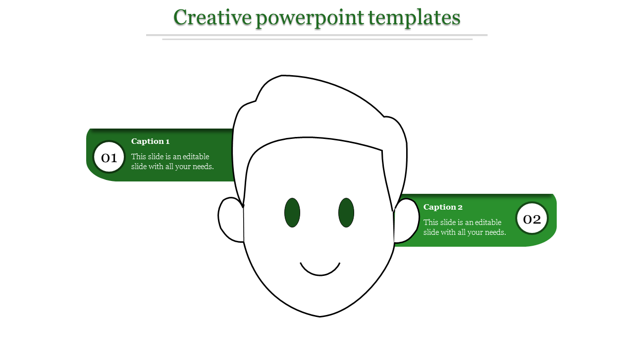Creative PowerPoint slide with a character illustration and captions in green boxes.