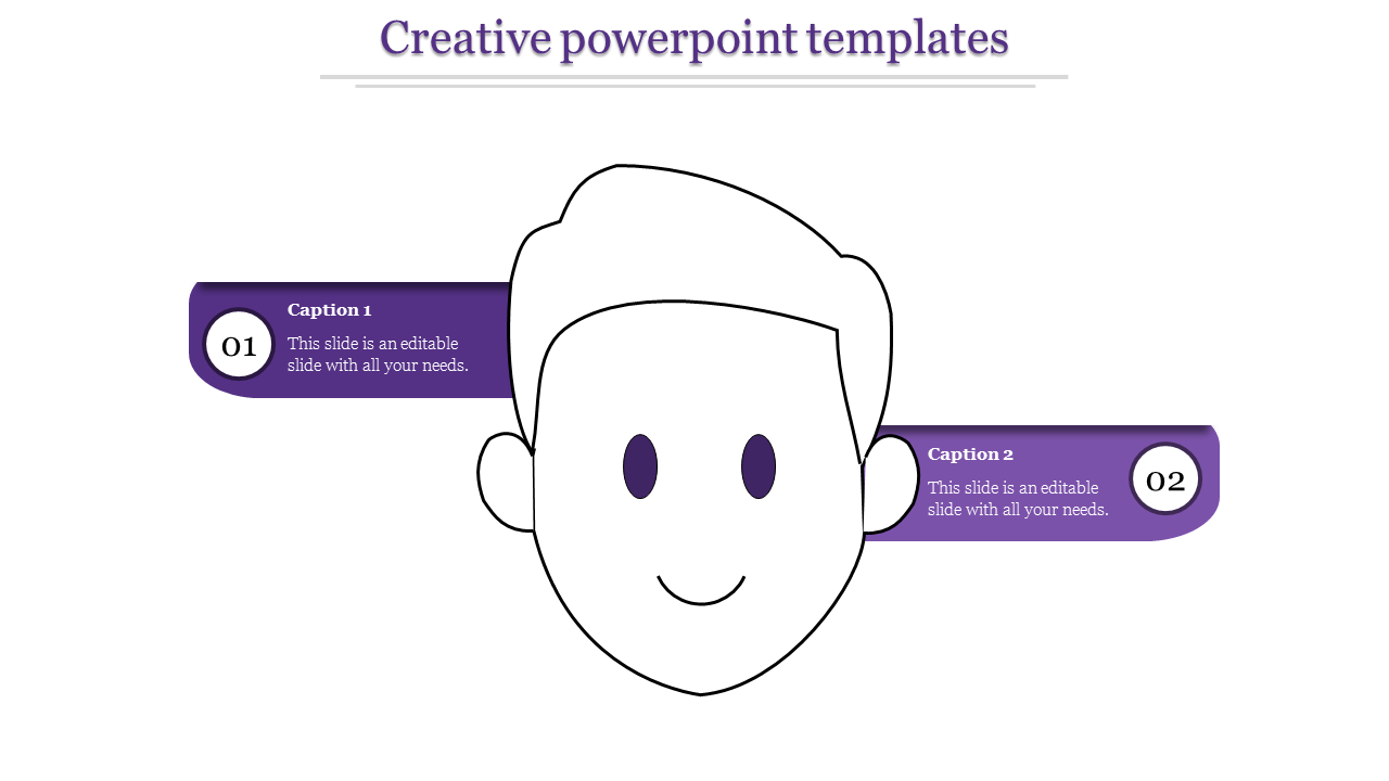 Outline of a smiling face with two purple caption boxes on each side, labeled with numbers and text.