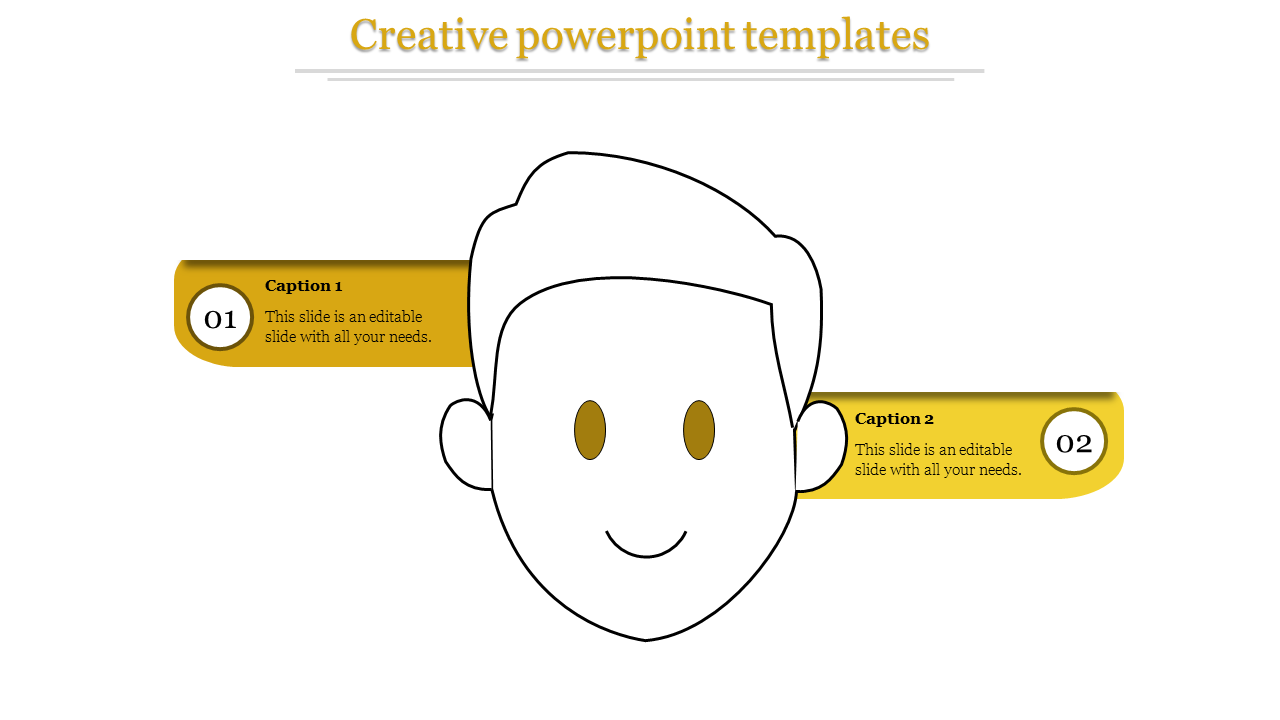 Creative PowerPoint template with a cartoon character and sections for captions in yellow and gold colors.