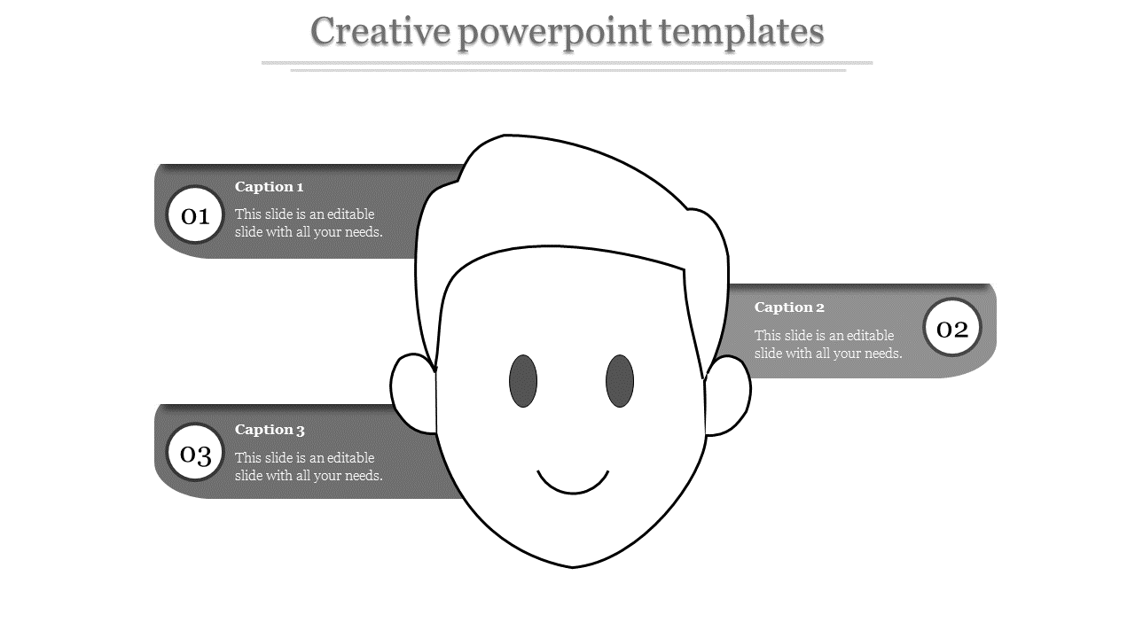 Gray creative PowerPoint template with a cartoon character and sections for captions.