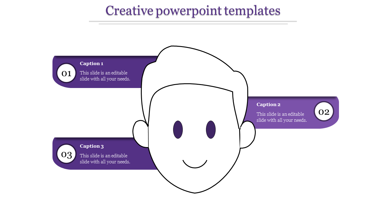 Face outline at the center with three purple caption panels on both sides and below, designed for creative presentations.