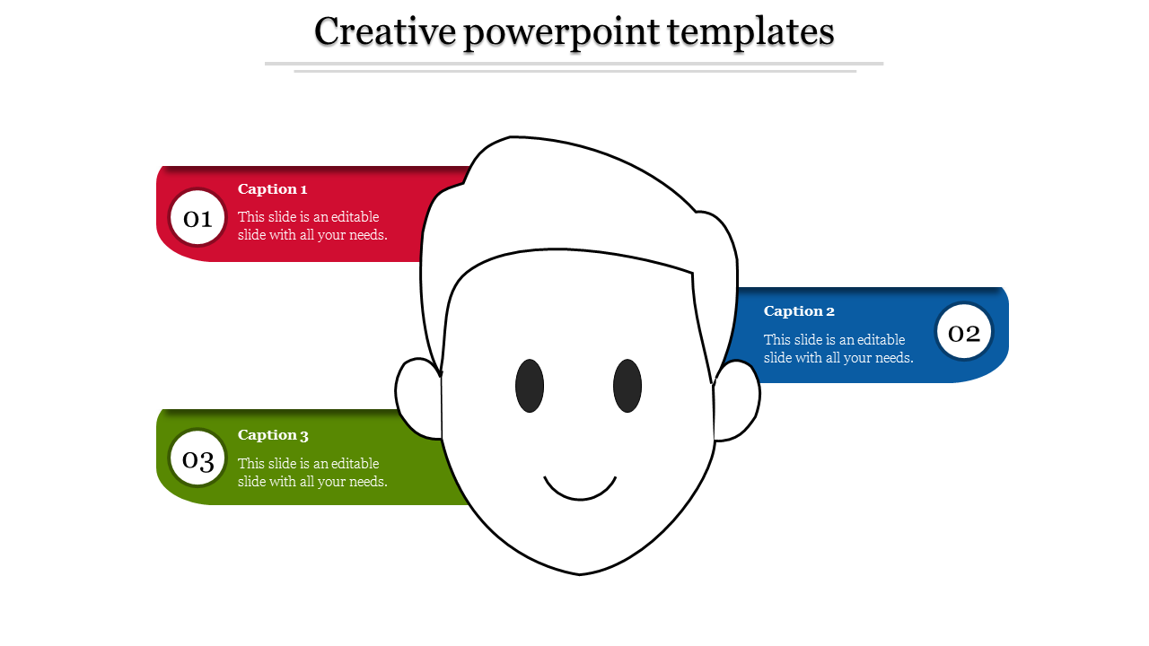 Creative infographic featuring a face outline in the center, with three side-aligned caption banners in red, blue, and green.