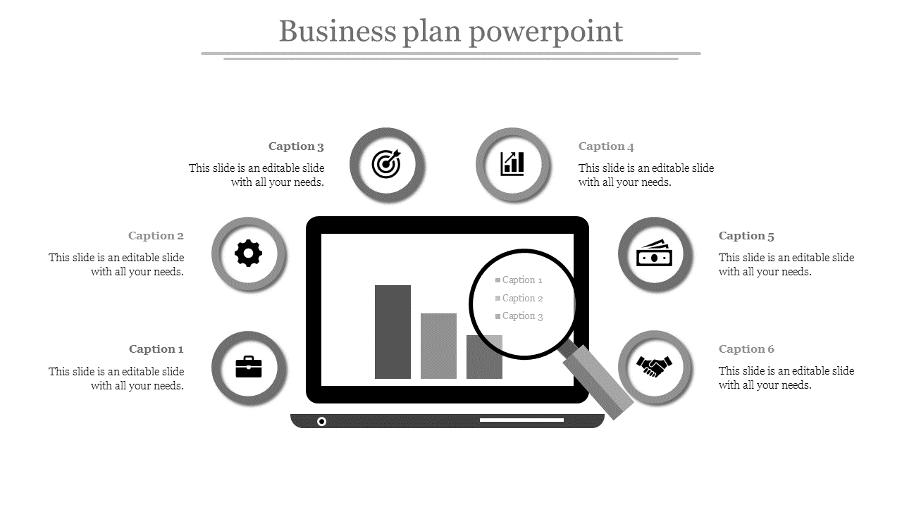 Gray themed business slide featuring six circular icons, captions, and a central laptop with a magnifying glass.