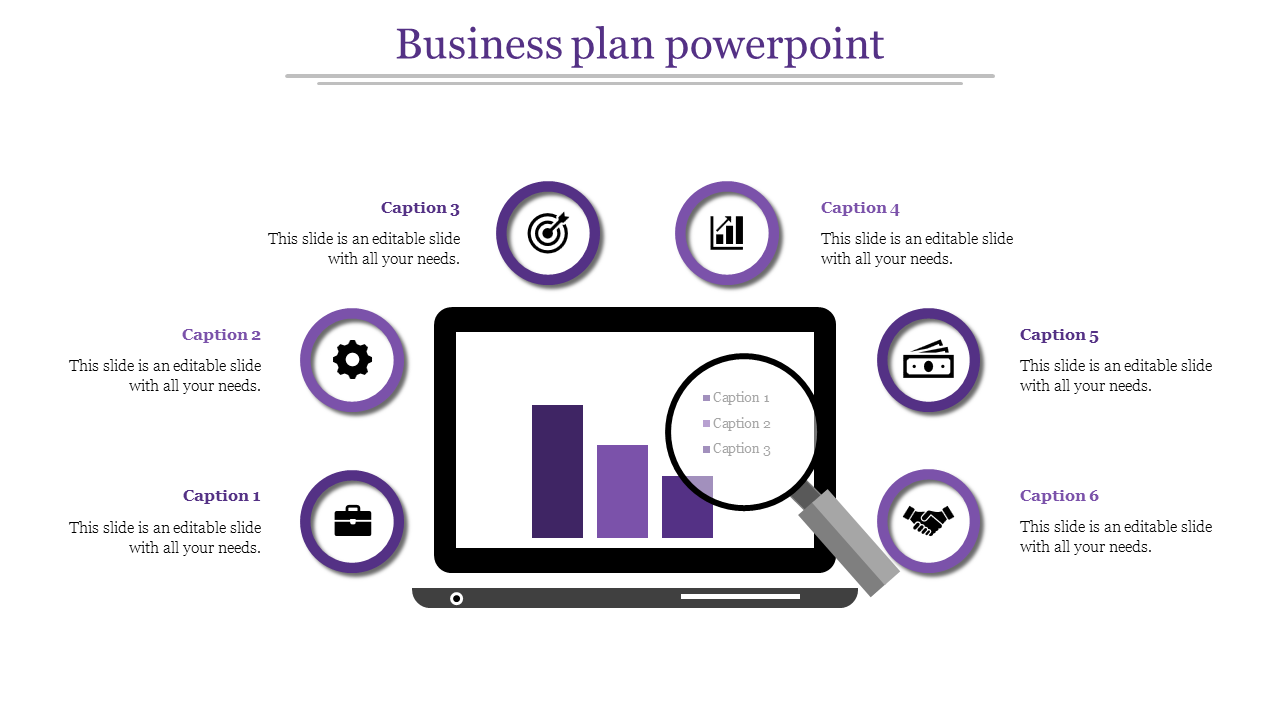 Infographic design with six purple circular icons around a laptop screen showing a bar chart and magnified details.