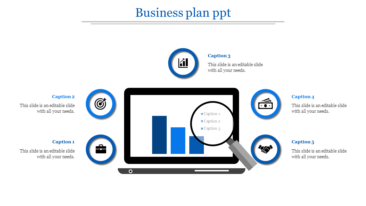 Business plan slide with a laptop showing a blue bar chart, surrounded by five circular icons and captions.