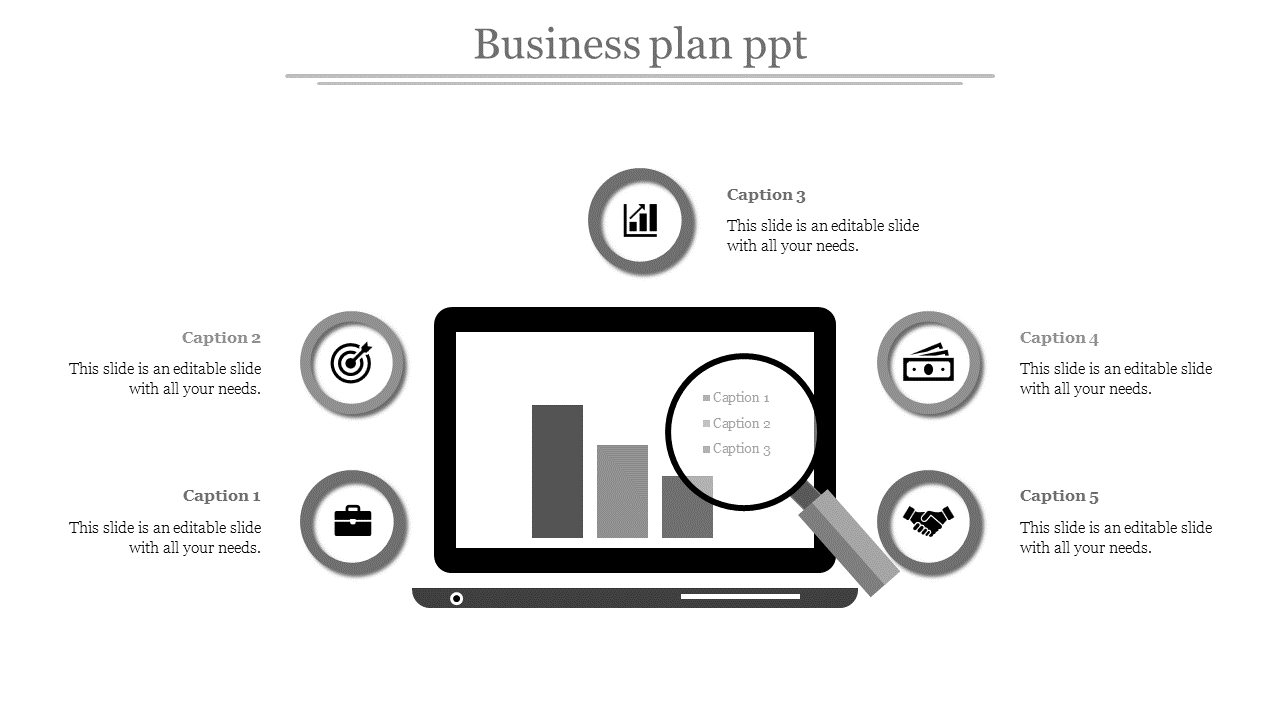 Business plan slide with a laptop displaying a bar chart, including icons for target, briefcase, finance, and collaboration.