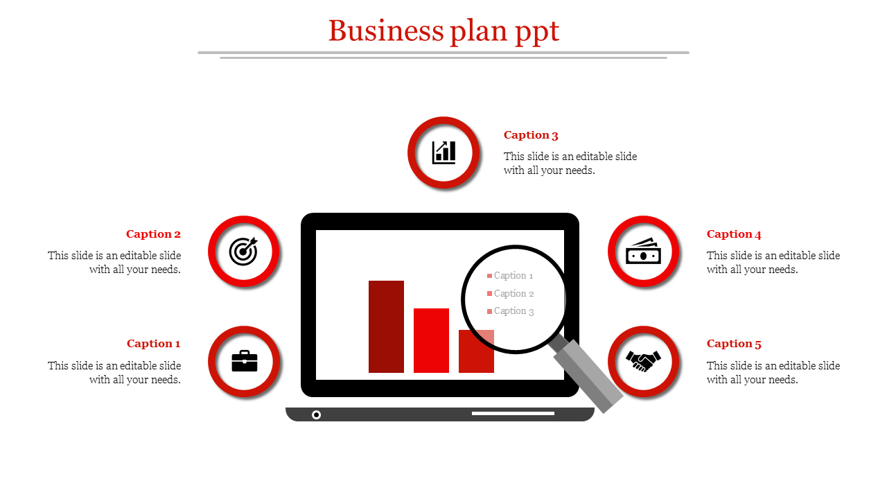Business slide with a laptop showing a bar chart, emphasized by a magnifying glass, and five business-related icons.