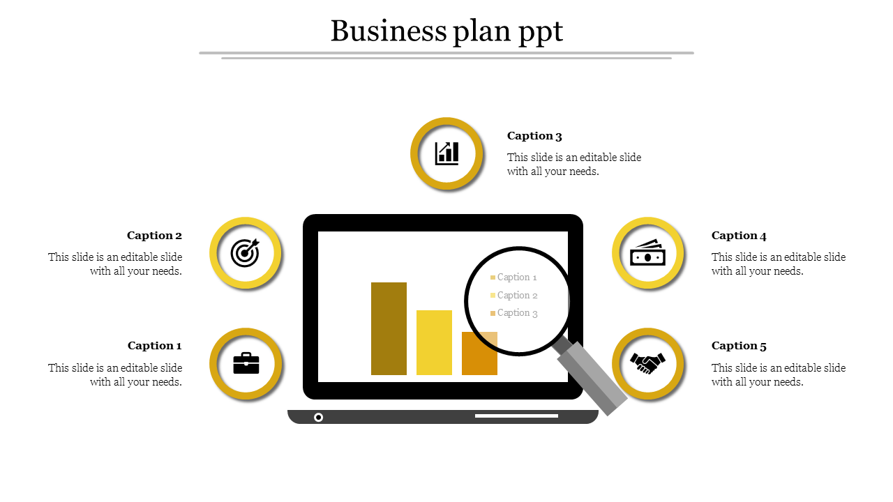 Business plan PPT slide featuring a laptop with a bar graph and icons for analysis, target, resources, and collaboration.