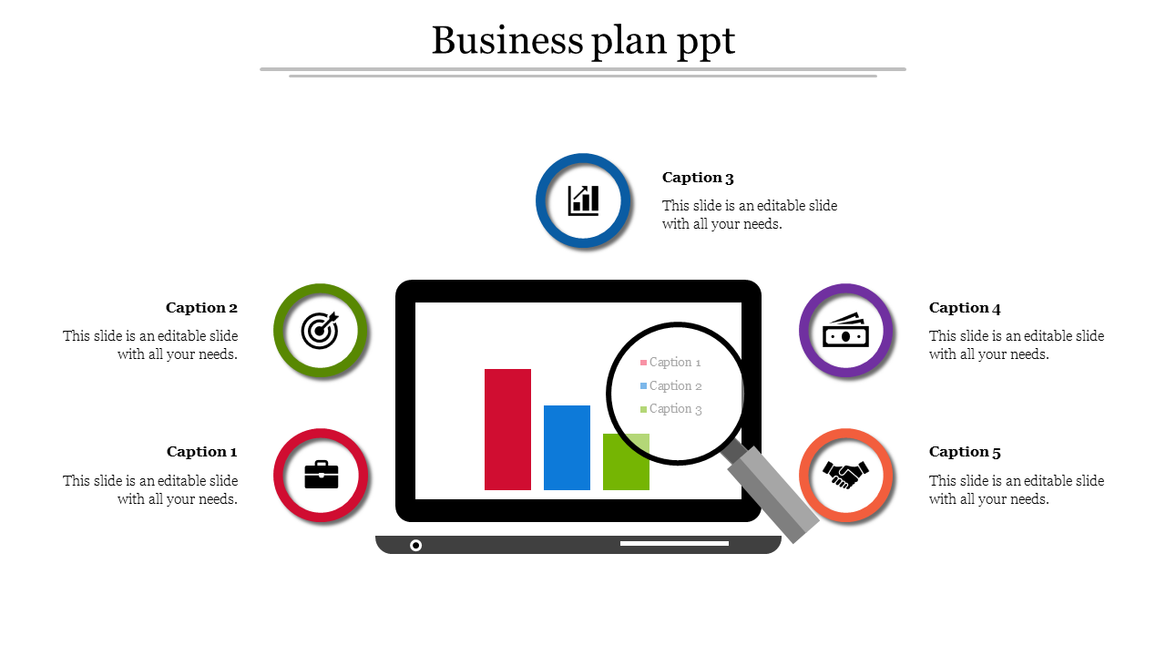 Business plan slide featuring a central laptop with a bar chart, surrounded by five multicolor circular icons and captions.
