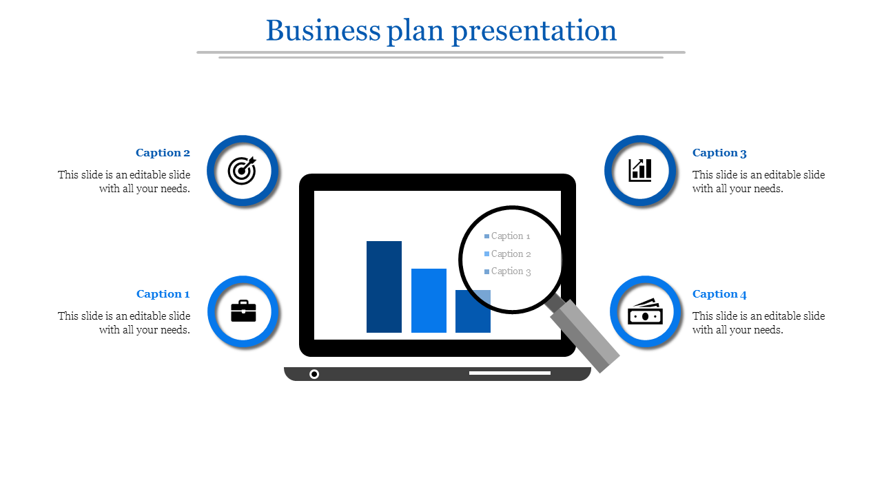 Business plan presentation slide showing a laptop with a bar graph and four captions with icons for business concepts.