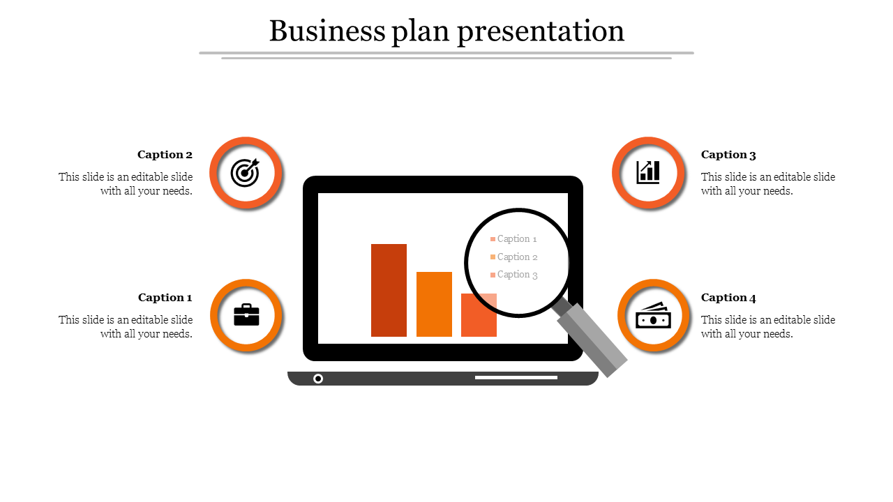 Business plan slide with a laptop showing a magnified bar chart, with four sections and icons for business concepts.