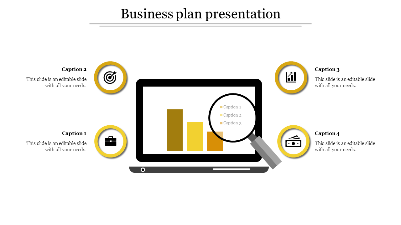 Business plan presentation slide showing a laptop with a magnifying glass on a bar chart, and four captions with icons.