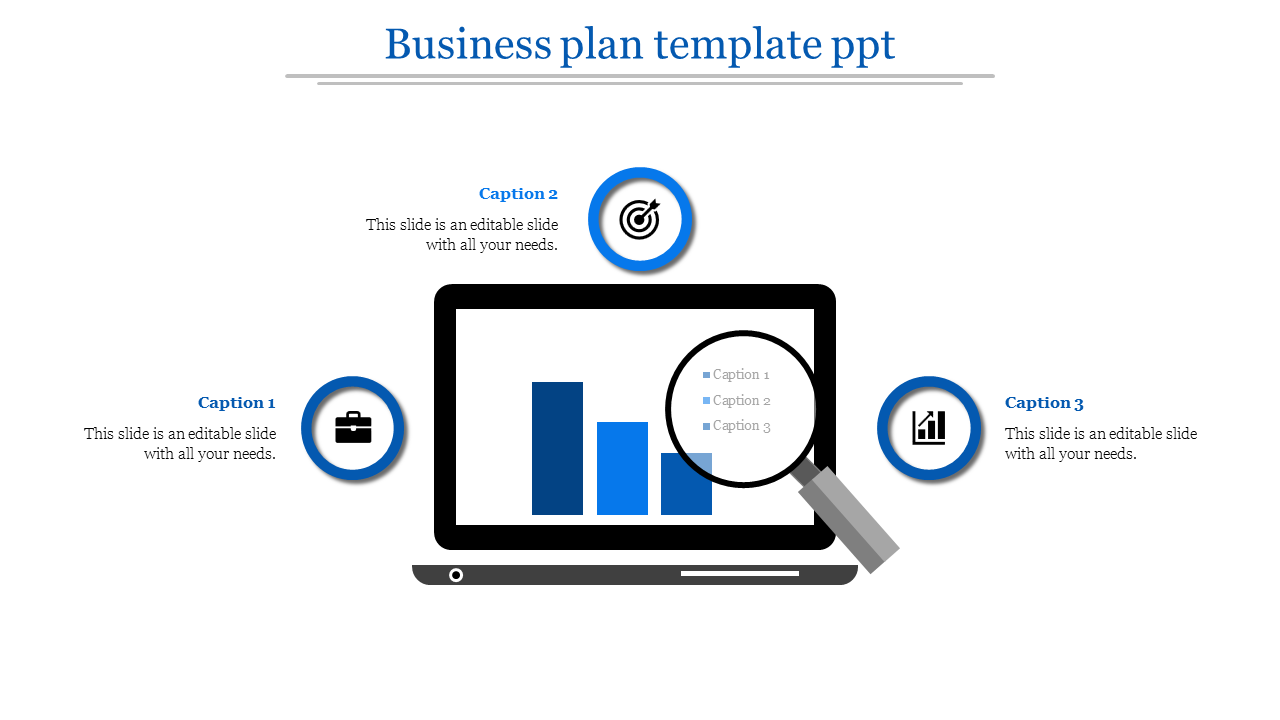 A business plan template with a laptop, magnifying glass, and bar graph with icons and captions.
