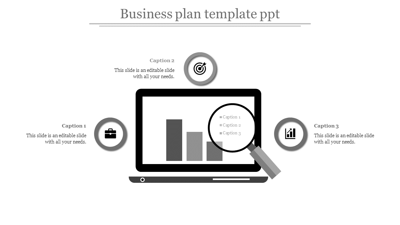 Gray toned slide featuring a laptop with a magnifying glass over a bar chart, and three circular icons representing steps.