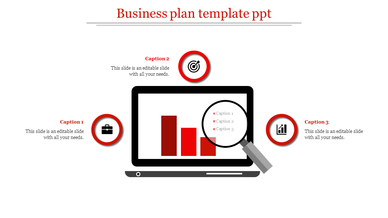 Business plan PowerPoint slide with a laptop showing a bar chart and three captions for business elements.