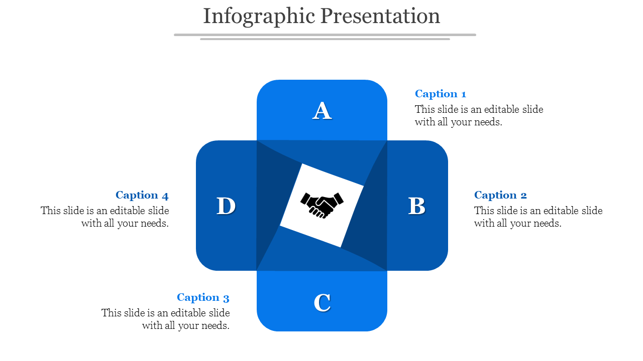 Business handshake-themed infographic with a bold blue cross layout, dividing four labeled sections and caption areas. 