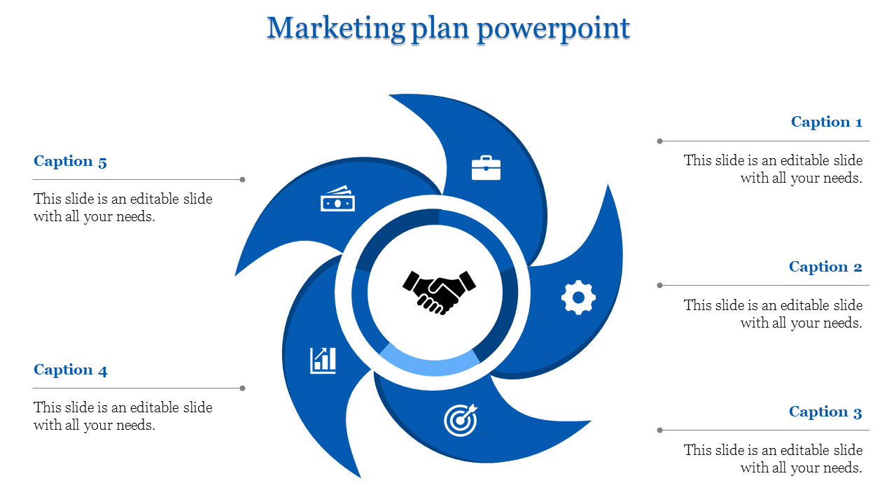 Marketing strategy infographic with a blue pinwheel design, a handshake icon, and business-related icons on each blade.