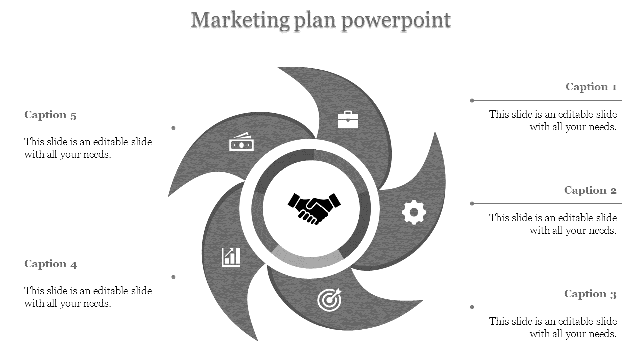 Gray marketing plan PPT slide featuring a central handshake icon surrounded by business related icons in a circular flow.
