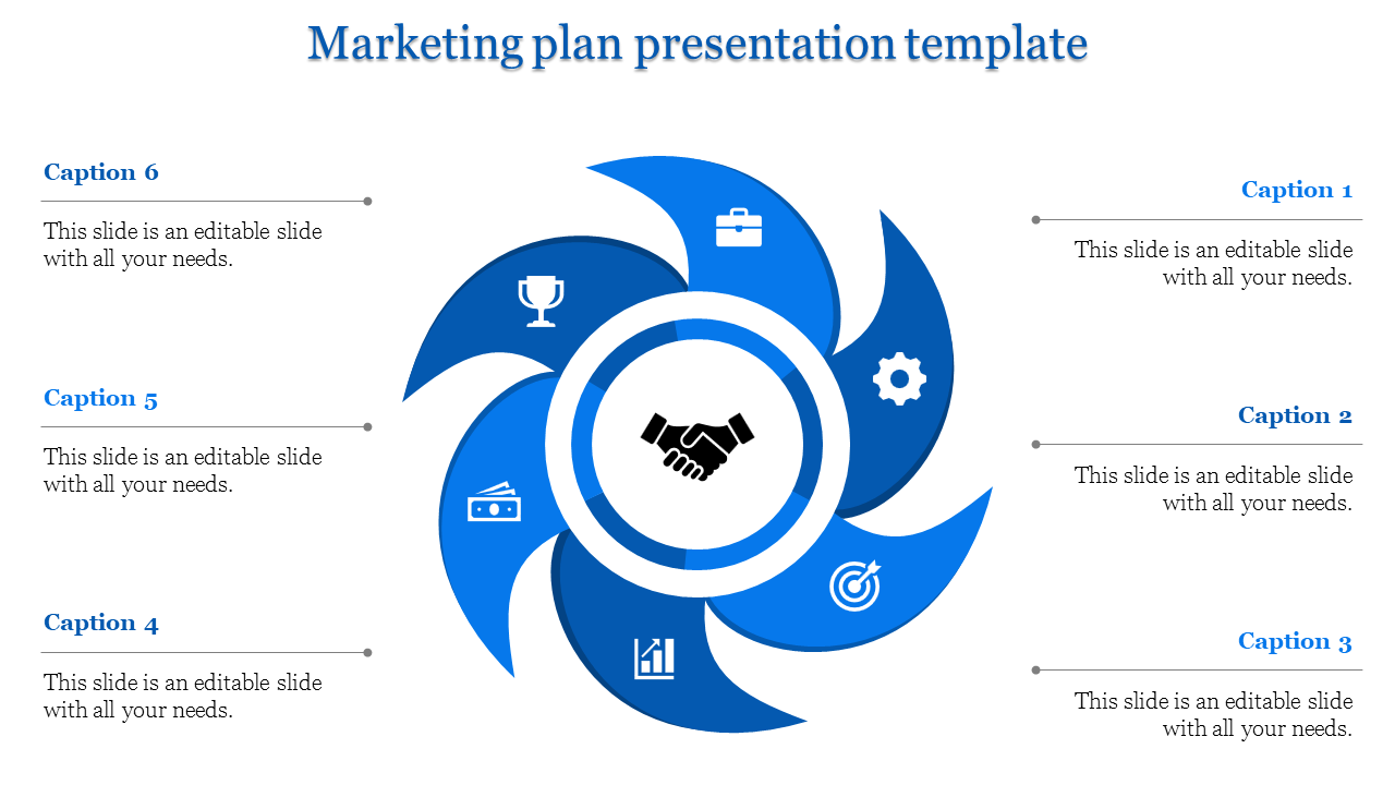 Marketing slide slide showing spiral blue design with six icon segments and matching caption points arranged around edges.