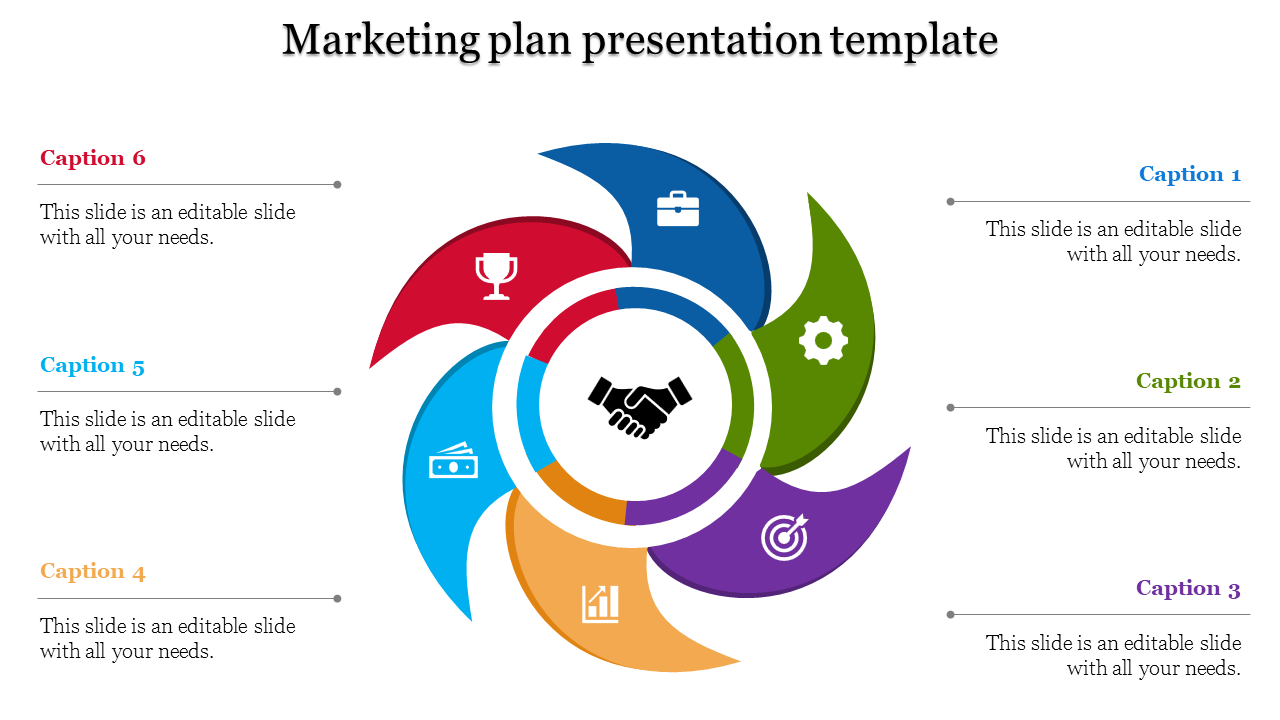 Vibrant circular design with six petals in blue, green, purple, yellow, light blue, and red, with captions linking to each.