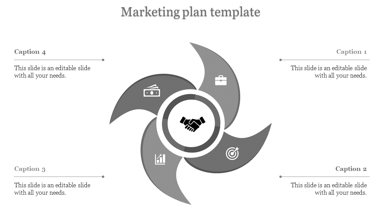 Circular design with four gray curved sections, featuring a central handshake, and captions aligned around the graphic.