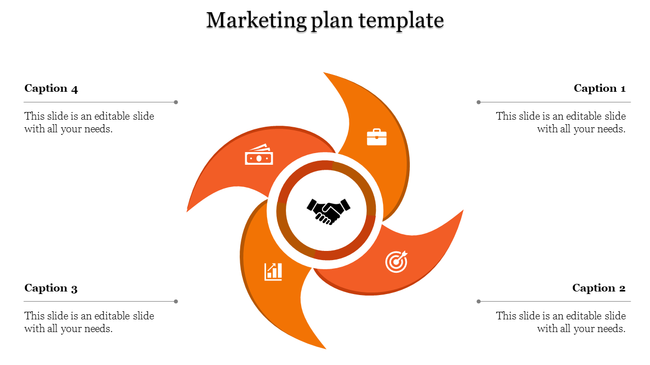 Orange pinwheel infographic with four blades, each containing business-related icons, centered around a handshake symbol.