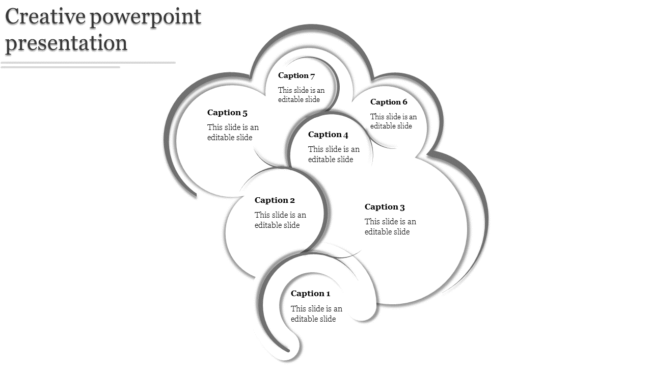 Cloud shaped design in gray gradient with seven captions inside circular sections arranged in a layered layout.