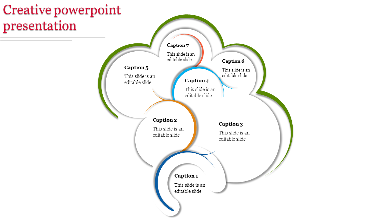 Creative slide layout showing overlapping white circles with multicolored borders and shadows, housing seven captions.