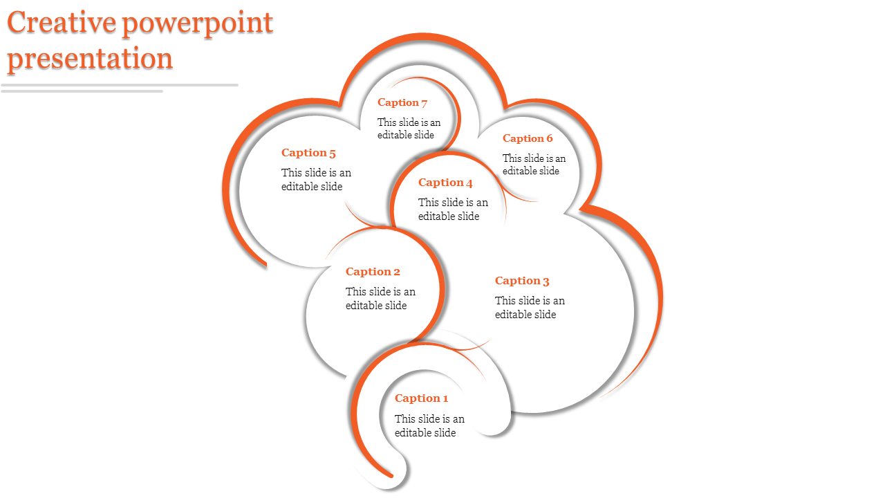 Colorful creative PowerPoint layout with interconnected circular sections and captions.