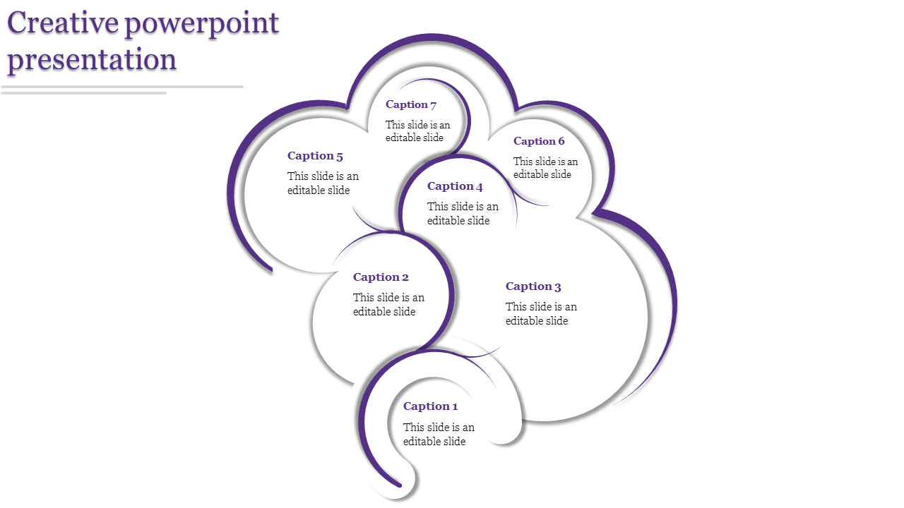 Purple cloud layout with seven overlapping circles, each containing captions, forming a creative presentation design.