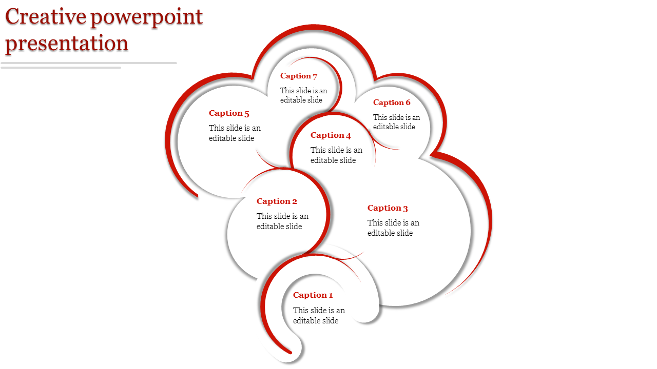 Creative slide layout showing overlapping white circles with red borders and shadows, housing seven captions.