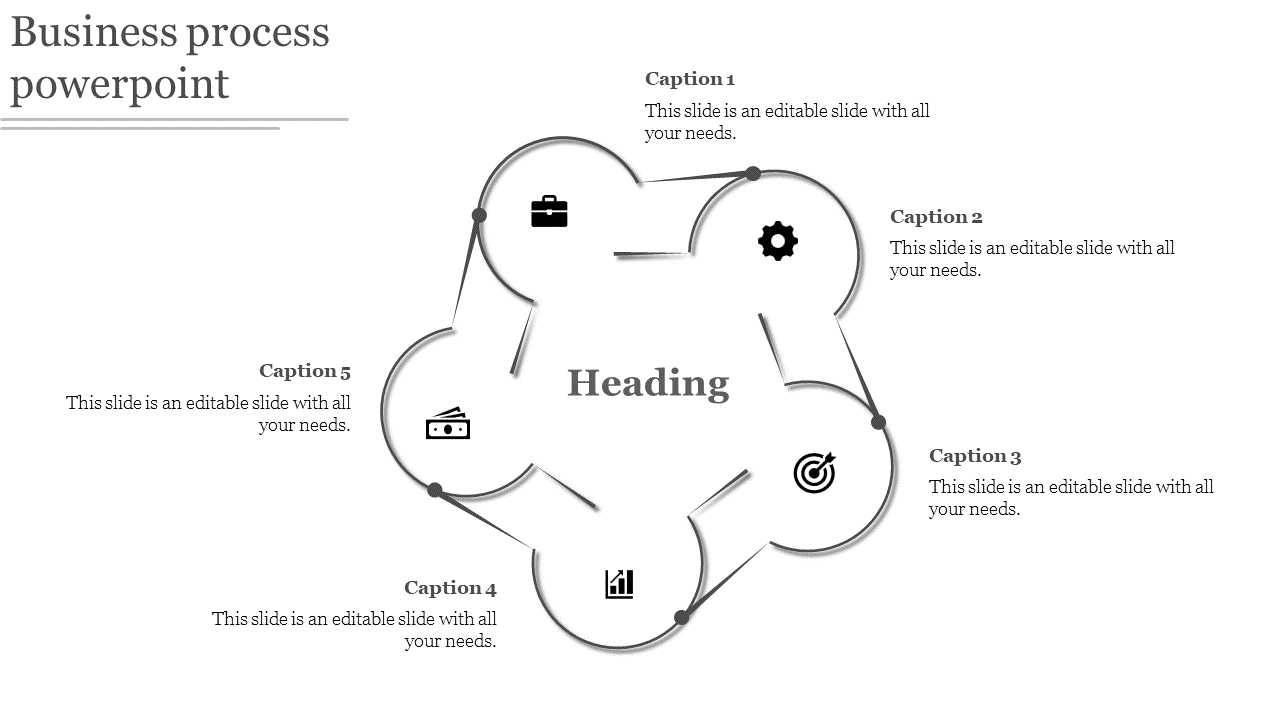 Business flowchart in gray with five icons in a loop, connected by curves and captions surrounding the central heading.