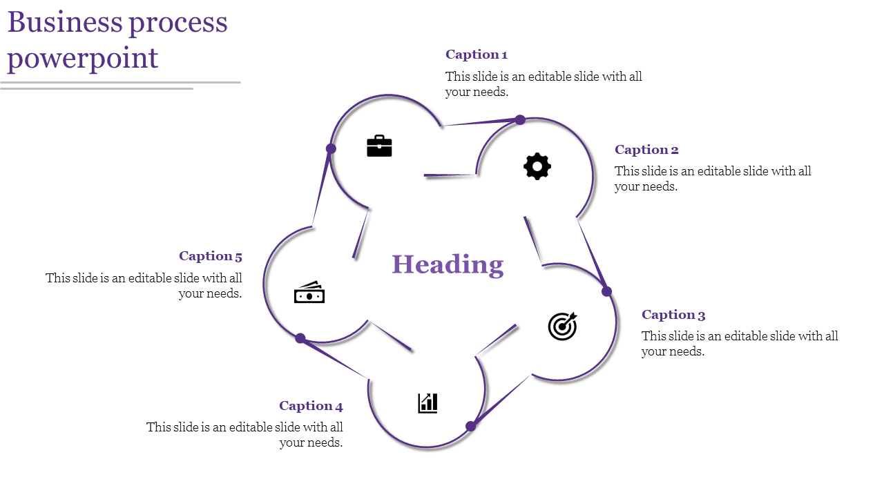 Business process PowerPoint template with six sections connected in a circular design with a central heading.